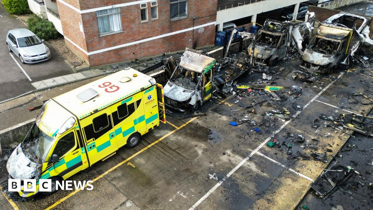 Charred remains of ambulances belonging to Hatzola, a Jewish community organisation, which were set on fire in an incident that the police say is being treated as an antisemitic hate crime, in northwest London, Britain, March 23, 2026.