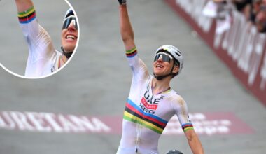 Tadej Pogacar celbrating on the Strade Bianche finish line