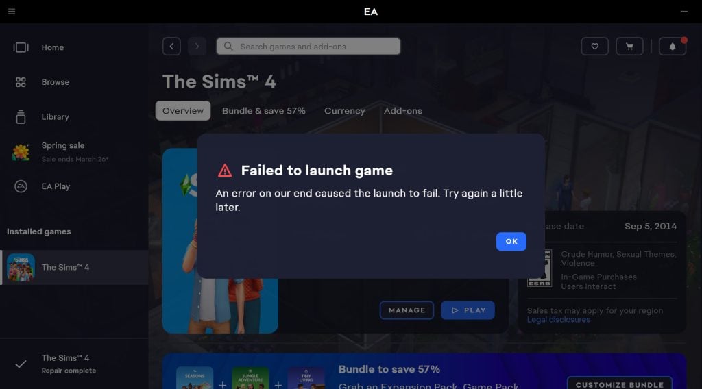 failed to launch the sims 4 error