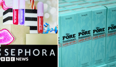 A Sephora advert on a street in Bari, Italy (left) and (right) boxes of Benefit cosmetics skincare products.