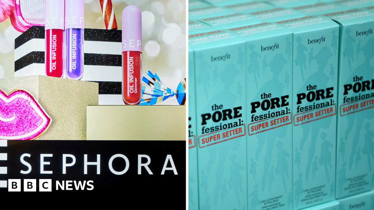 A Sephora advert on a street in Bari, Italy (left) and (right) boxes of Benefit cosmetics skincare products.