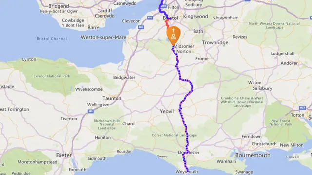 Map showing a route from Weymouth to Bristol, with a little GPS marker about 80% of the way towards Bristol.