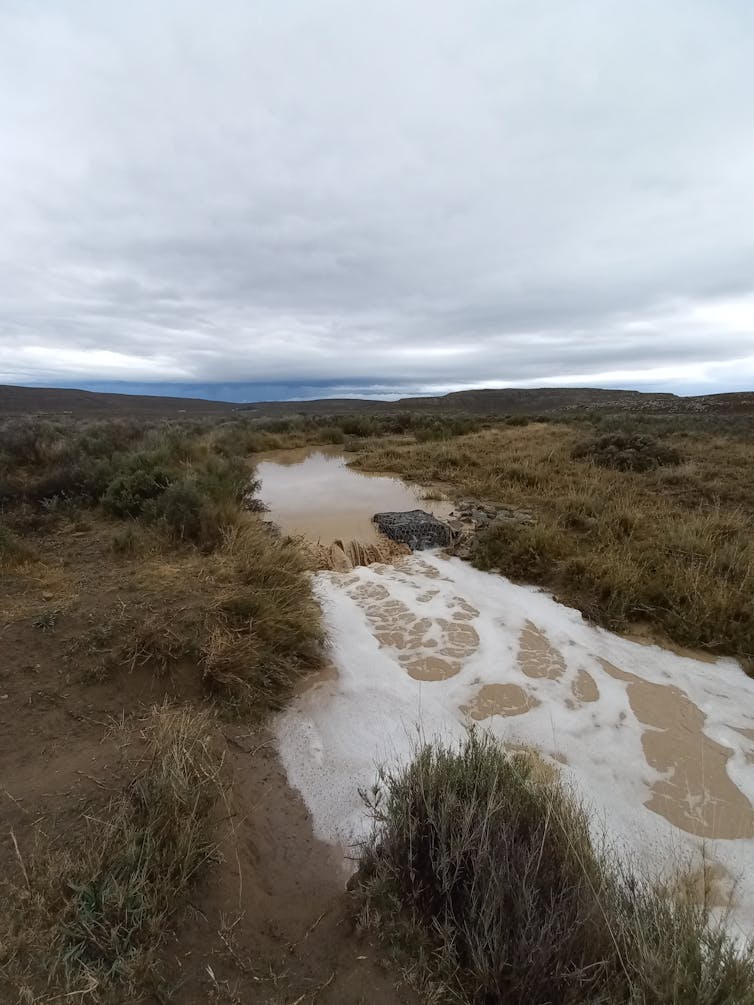 A fast flowing river that has been stilled by the gabion built across it.