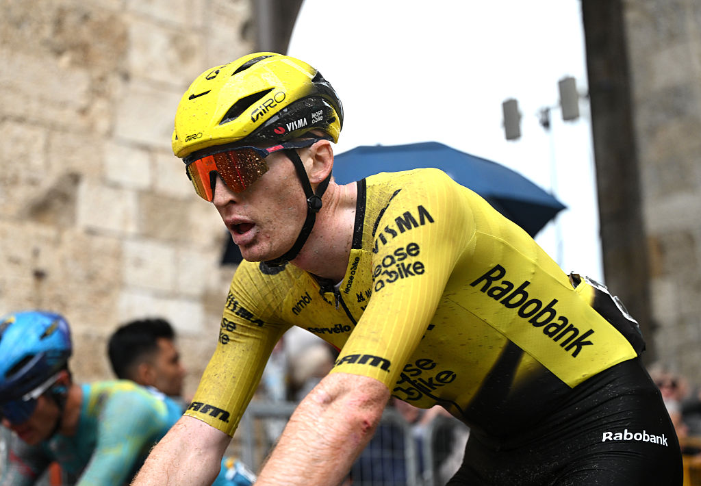 SAN GIMIGNANO, ITALY - MARCH 10: Matteo Jorgenson of United States and Team Visma | Lease a Bike crosses the finish line during the 61st Tirreno-Adriatico 2026, Stage 2 a 206km stage from Camaiore to San Gimignano 332m / #UCIWT / on March 10, 2026 in San Gimignano, Italy. (Photo by Tim de Waele/Getty Images)
