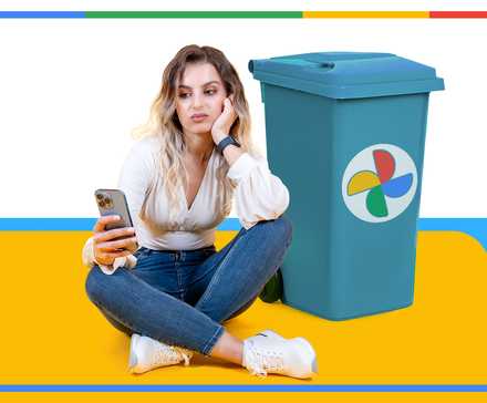 Frustrated woman sitting on the floor looking at her phone, next to a blue trash bin with the Google Photos logo, against a colorful background inspired by Google's colors.