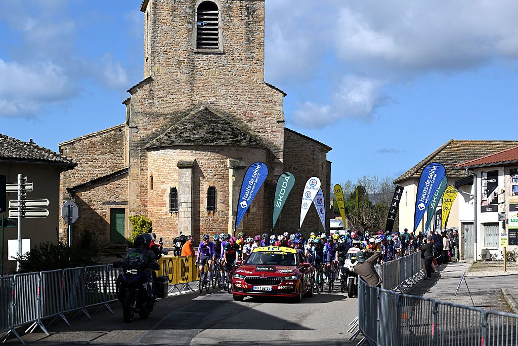 CORMORANCHE-SUR-SAONE, FRANCE - MARCH 12: A general view of the peloton prior to the 84th Paris-Nice 2026, Stage 5 a 206.3km stage from Cormoranche-sur-Saone to Colombier-le-Vieux / #UCIWT / on March 12, 2026 in Cormoranche-sur-Saone, France. (Photo by Szymon Gruchalski/Getty Images)