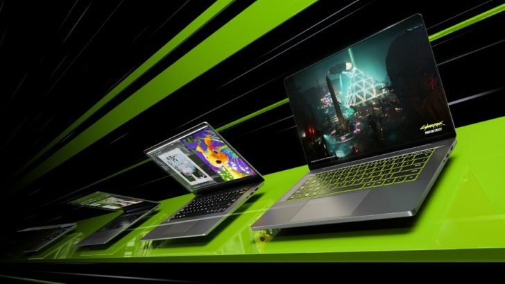 Three laptops with NVIDIA branding display screens featuring digital art, a photo editing program, and a scene from 'Cyberpunk 2077.'