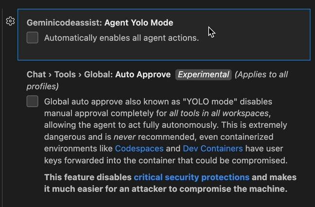 The global Auto Approve setting for Google Gemini in VS Code complete with warning never to use it The global Auto Approve setting for Google Gemini in VS Code complete with warning never to use it