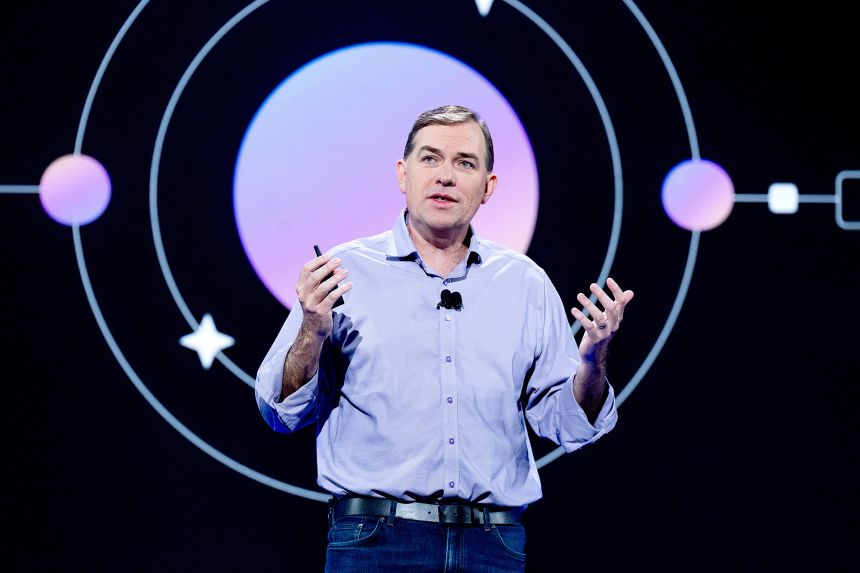 Amazon Web Services (AWS) CEO Matt Garman delivers a keynote address during AWS re:Invent 2025.