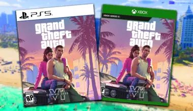 Two video game covers for Grand Theft Auto VI (GTA 6) are displayed side-by-side. The cover on the left is for PlayStation 5 (PS5). The cover on the right is for Xbox Series X. Both covers show the same artwork: two characters, a man and a woman, sitting on the hood of a car with a sunset, palm trees, and a cityscape in the background. The game's logo, "Grand Theft Auto VI", is prominently displayed on both covers. Both also include "Coming 2025". The background is the beach and skyline of Vice City.