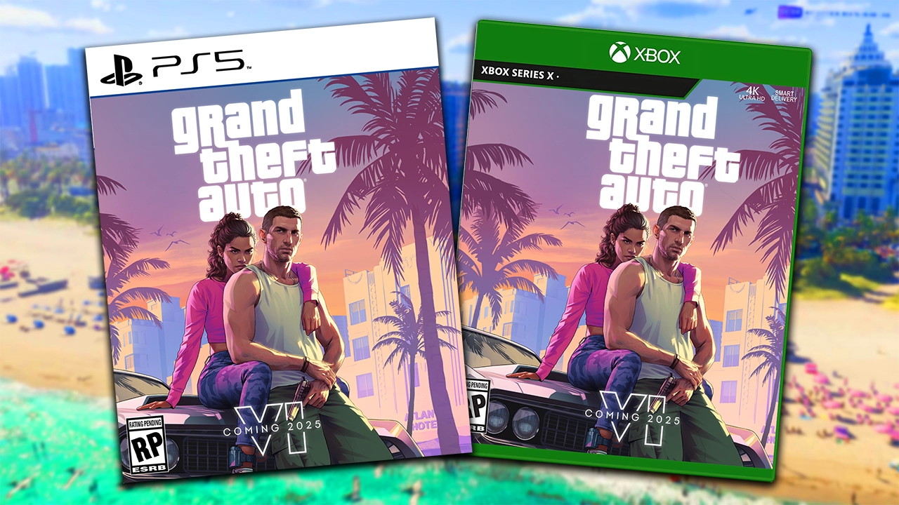 Two video game covers for Grand Theft Auto VI (GTA 6) are displayed side-by-side. The cover on the left is for PlayStation 5 (PS5). The cover on the right is for Xbox Series X. Both covers show the same artwork: two characters, a man and a woman, sitting on the hood of a car with a sunset, palm trees, and a cityscape in the background. The game's logo, "Grand Theft Auto VI", is prominently displayed on both covers. Both also include "Coming 2025". The background is the beach and skyline of Vice City.