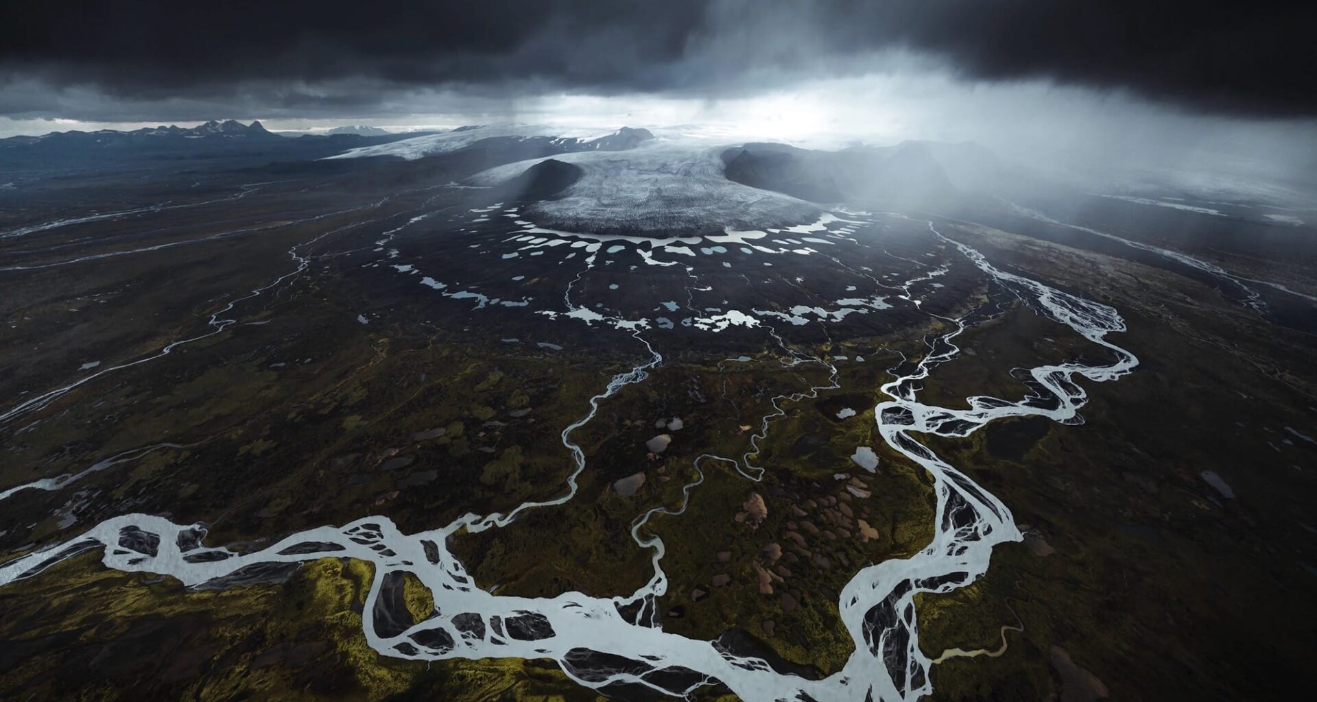 An aerial landscape of glacial streams in Iceland