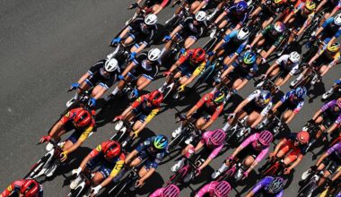 DUBAI, UNITED ARAB EMIRATES - FEBRUARY 06: A general view of the peloton competing during the 4th UAE Tour Women 2026, Stage 2 a 145km stage from Dubai Police Academy to Hamdan Bin Mohamed Smart University on February 06, 2026 in Dubai, United Arab Emirates. (Photo by Tim de Waele/Getty Images)