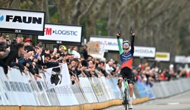 GUILHERAND-GRANGES, FRANCE - FEBRUARY 28: Paul Seixas of France and Team Decathlon CMA CGM celebrates at finish line as race winner during the 26th Faun-Ardeche Classic 2026 a 187.6km one day race from Guilherand-Granges to Guilherand-Granges on February 28, 2026 in Guilherand-Granges, France. (Photo by Billy Ceusters/Getty Images)