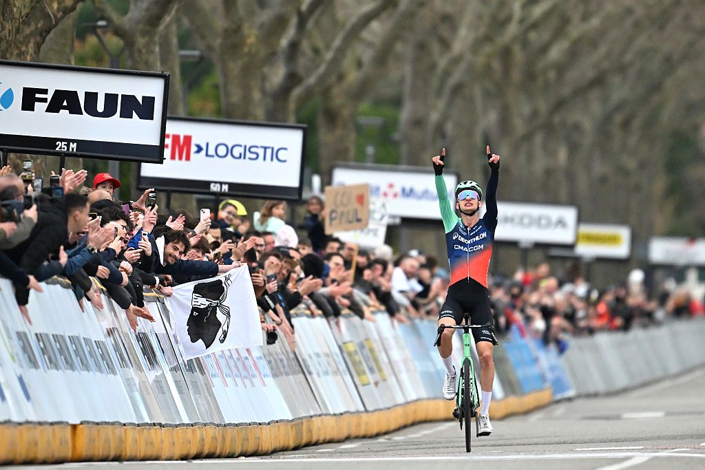 GUILHERAND-GRANGES, FRANCE - FEBRUARY 28: Paul Seixas of France and Team Decathlon CMA CGM celebrates at finish line as race winner during the 26th Faun-Ardeche Classic 2026 a 187.6km one day race from Guilherand-Granges to Guilherand-Granges on February 28, 2026 in Guilherand-Granges, France. (Photo by Billy Ceusters/Getty Images)