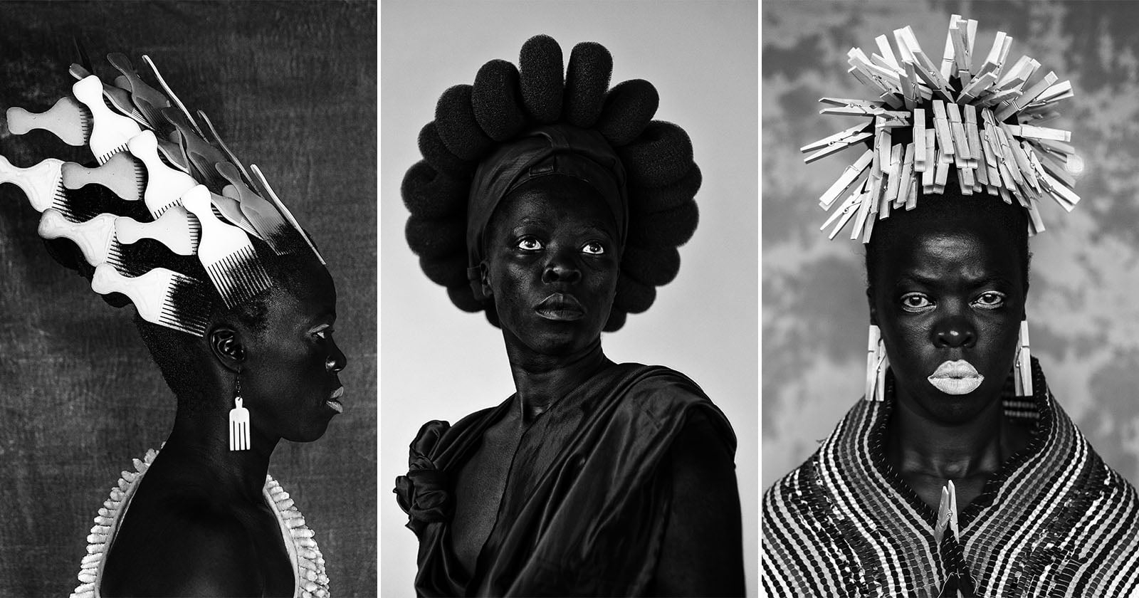 Three black-and-white portraits of a dark-skinned person with elaborate, sculptural headpieces and bold, artistic styling; each headpiece is unique, made from abstract shapes, foam rollers, and clothespins.