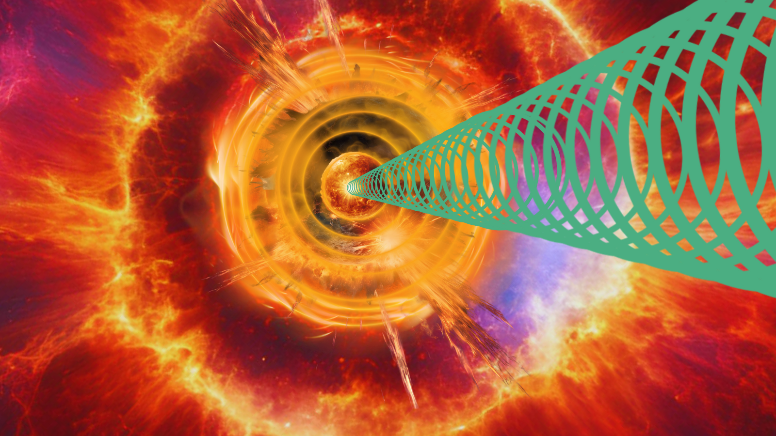 An illustration of a fiery red explosion in space from which a beam of green concentric circles protrudes.