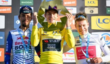 Colombian Daniel Felipe Martinez of Red Bull-BORA-hansgrohe, Danish Jonas Vingegaard of Team Visma-Lease a Bike and German Georg Steinhauser of EF Education-EasyPost pictured on the final podium after the final stage of 84th edition of the Paris-Nice cycling race, a race from Nice to Nice (129,2 km), on Sunday 15 March 2026. BELGA PHOTO DAVID PINTENS (Photo by DAVID PINTENS / BELGA MAG / Belga via AFP)