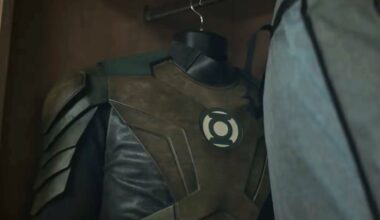 Hal Jordan's brownish Green Lantern uniform hanging in a closet