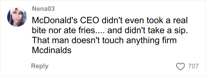 User comment on social media about Burger King boss biting into Whopper and comparison to McDonald's CEO's viral video disaster. User comment on social media about Burger King boss biting into Whopper and comparison to McDonald's CEO's viral video disaster.