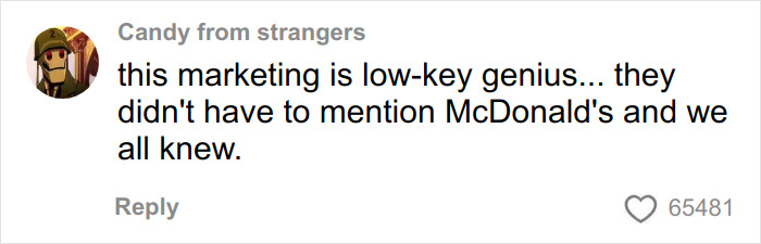 Comment praising Burger King's clever marketing referencing McDonald's without mentioning it, sparking viral comparisons. Comment praising Burger King's clever marketing referencing McDonald's without mentioning it, sparking viral comparisons.