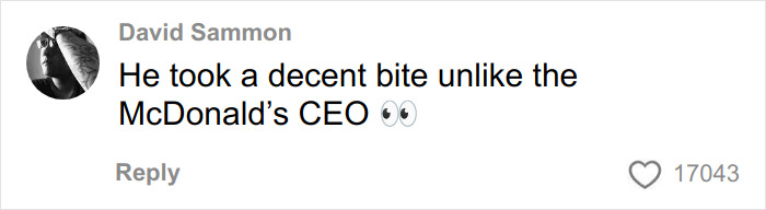 Comment by David Sammon highlighting Burger King boss biting Whopper compared to McDonald's CEO's viral moment with eye emojis. Comment by David Sammon highlighting Burger King boss biting Whopper compared to McDonald's CEO's viral moment with eye emojis.