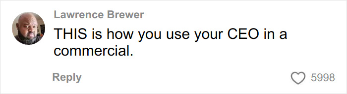 Comment by Lawrence Brewer about Burger King boss biting into Whopper, highlighting CEO in commercial usage and viral comparison. Comment by Lawrence Brewer about Burger King boss biting into Whopper, highlighting CEO in commercial usage and viral comparison.
