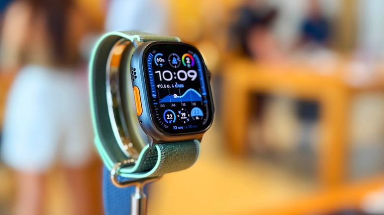 An Apple Watch Ultra 3 on a stand on display.