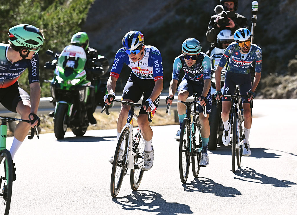 LA MOLINA, SPAIN - MARCH 27: (L-R) Florian Lipowitz of Germany and Team Red Bull - BORA - hansgrohe, Lenny Martinez of France and Team Bahrain - Victorious and Valentin Paret-Peintre of France and Team Soudal Quick-Step compete in the breakaway during the 105th Volta a Catalunya 2026, Stage 5 a 155.3km stage from La Seu d&amp;apos;Urgell to La Molina/Coll de Pal 2109m / #UCIWT / on March 27, 2026 in La Molina, Spain. (Photo by Szymon Gruchalski/Getty Images)