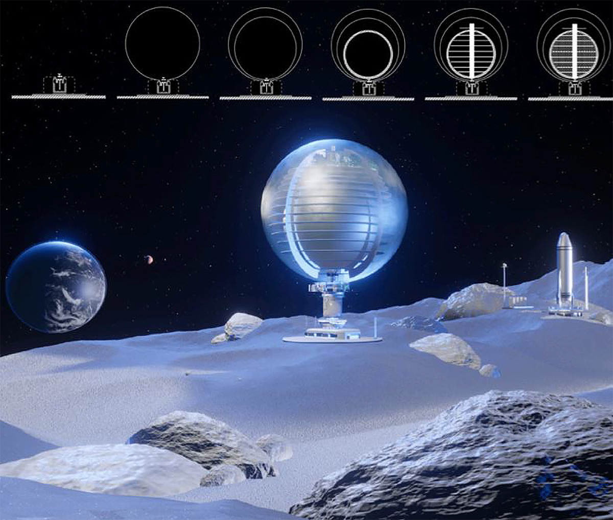 An illustration of a circular lunar base sitting on the moon's surface with the Earth in the background.
