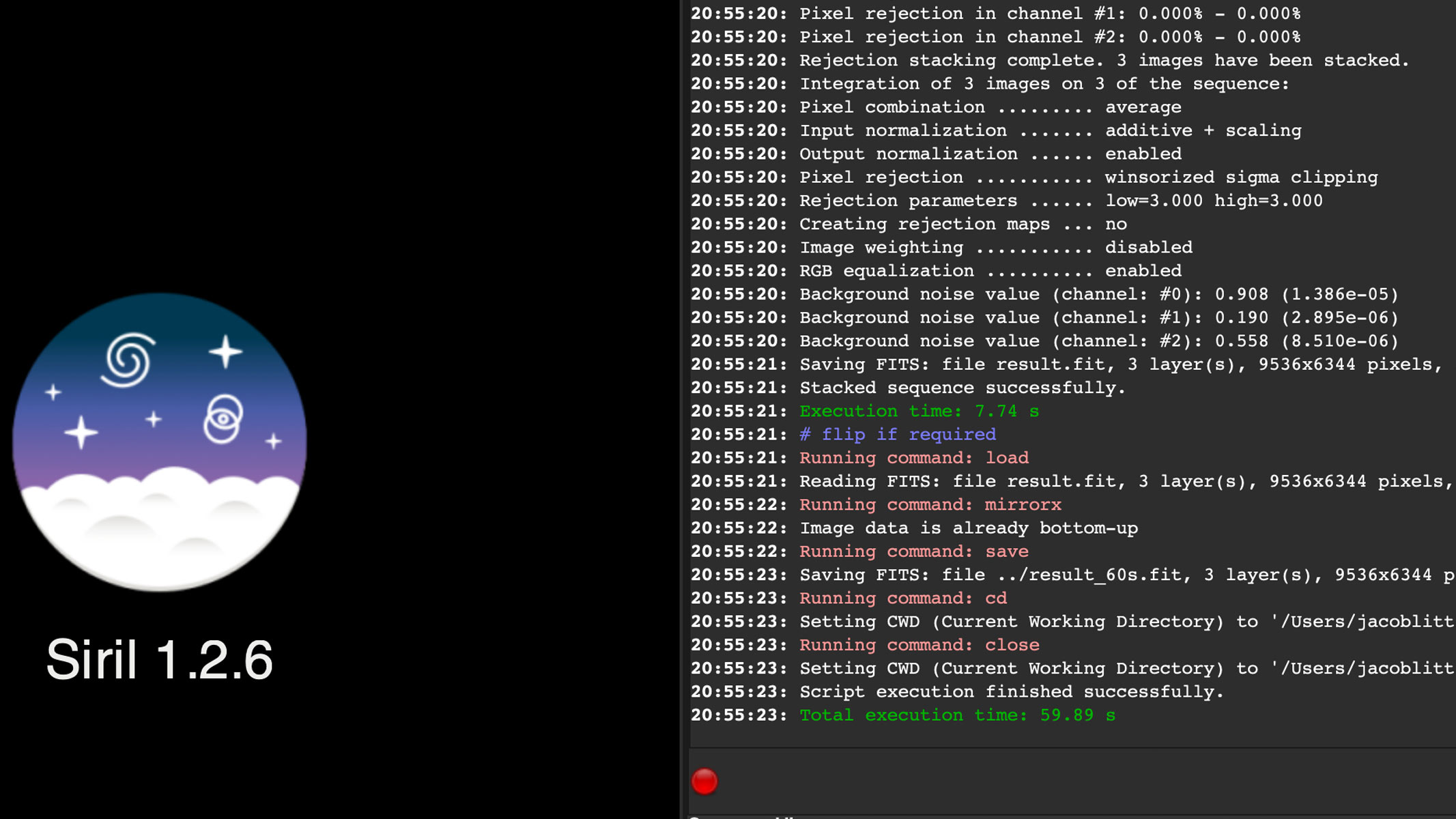 A screenshot of script running on the Siril software.
