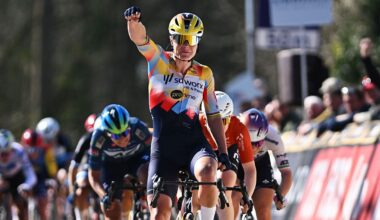 NOKERE, BELGIUM - MARCH 18: Lotte Kopecky of Belgium and Team SD Worx - Protime celebrates at finish line as race winner during the 7th Danilith Nokere Koerse 2026, Women&amp;apos;s Elite a 133.3km one day race from Deinze to Nokere / #UCIWWT / on March 18, 2026 in Nokere, Belgium. (Photo by Luc Claessen/Getty Images)