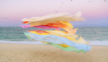 A photograph by Thomas Jackson of numerous pieces of colorful fabric that are seemingly suspended in the air on a beach