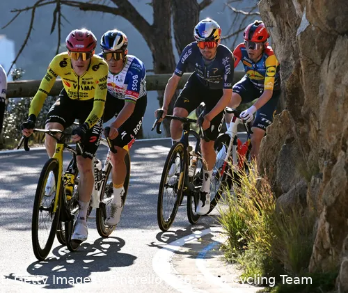 Jonas Vingegaard, Remco Evenepoel, Tom Pidcock and Mattias Skjelmose climb together at the 2026 Volta a Catalunya