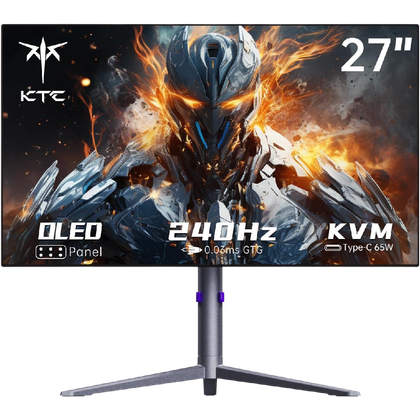 KTC OLED Monitor, 27 inches with a 1440p resolution, featuring a graphic on the screen that details what this monitor is capable of