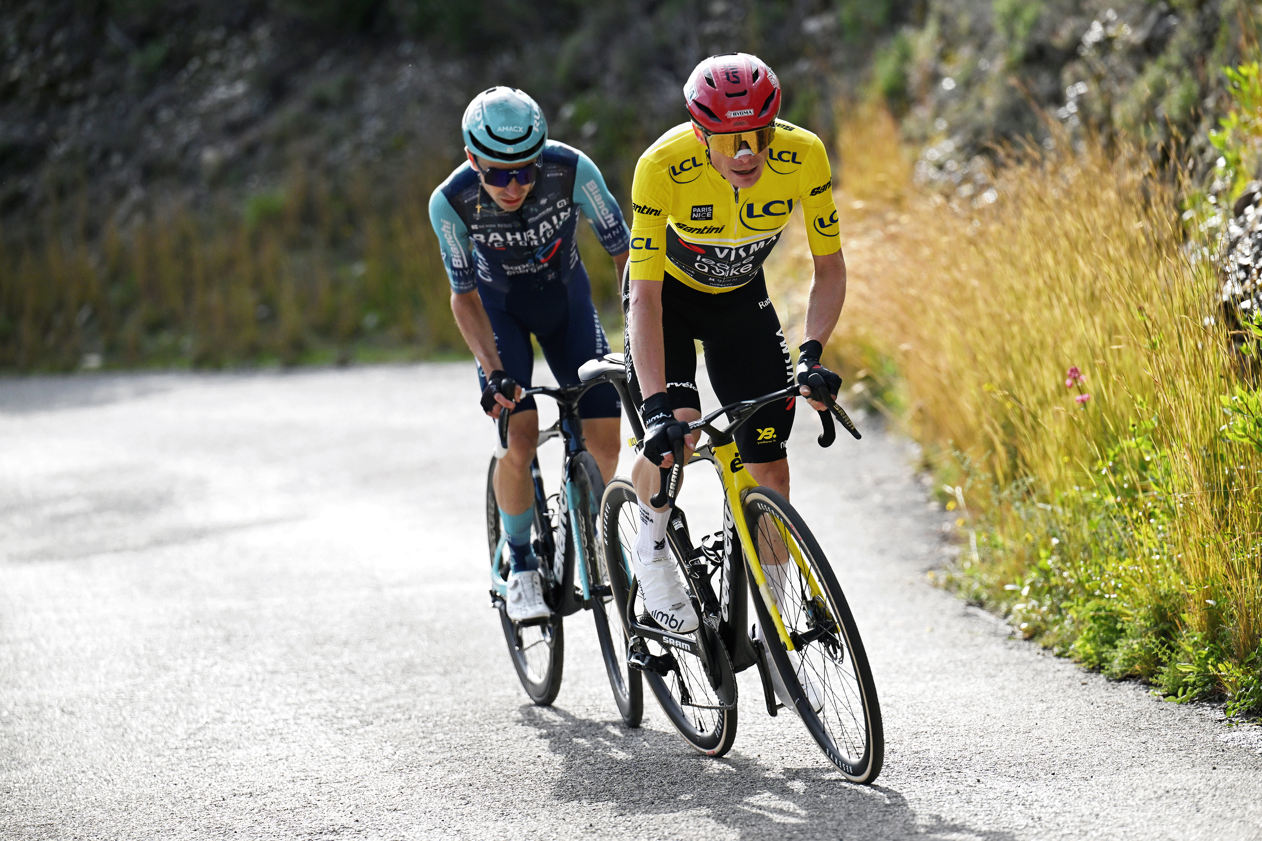 NICE, FRANCE - MARCH 15: (L-R) Lenny Martinez of France and Team Bahrain - Victorious and Jonas Vingegaard of Denmark and Team Visma | Lease a Bike - Yellow leader jersey compete in the breakaway during the 84th Paris-Nice 2026, Stage 8 a 129.2km stage from Nice to Nice / #UCIWT / on March 15, 2026 in Nice, France. (Photo by Szymon Gruchalski/Getty Images)