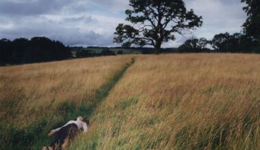 A fine art photograph by Camille Lemoine of a young woman laying in a trodden path in a meadow with a tree in the background