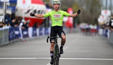 MASSALENGO, ITALY - MARCH 26: Filippo D&amp;apos;Aiuto of Italy and Team General Store - Essegibi - F.Lli Curia celebrates at finish line as stage winner during the 41st Settimana Internazionale Coppi e Bartali 2026, Stage 2 a 158km stage from Lodi to Massalengo on March 26, 2026 in Massalengo, Italy. (Photo by Dario Belingheri/Getty Images)