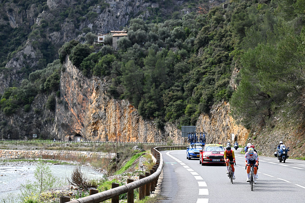 NICE, FRANCE - MARCH 15: Fabio Van den Bossche of Belgium and Team Soudal Quick-Step, Benjamin Thomas of France and Team Cofidis, Matteo Trentin of Italy and Team Tudor Pro Cycling, Alexandre Delettre of France and Team TotalEnergies and Tim Marsman of Netherlands and Team Alpecin-Premier Tech compete in the breakaway during the 84th Paris-Nice 2026, Stage 8 a 129.2km stage from Nice to Nice / #UCIWT / on March 15, 2026 in Nice, France. (Photo by Szymon Gruchalski/Getty Images)