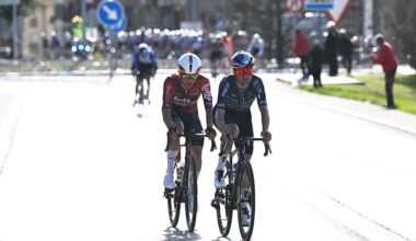 CAMPRODRON, SPAIN - MARCH 26: (L-R) Simone Gualdi of Italy and Team Lotto Intermarche and Thomas Pidcock of Great Britain and Team Pinarello Q36.5 Pro Cycling compete in the breakaway during the 105th Volta a Catalunya 2026, Stage 4 a 151km stage from Mataro to Camprodon 957m / #UCIWT / on March 26, 2026 in Camprodon, Spain. (Photo by Szymon Gruchalski/Getty Images)