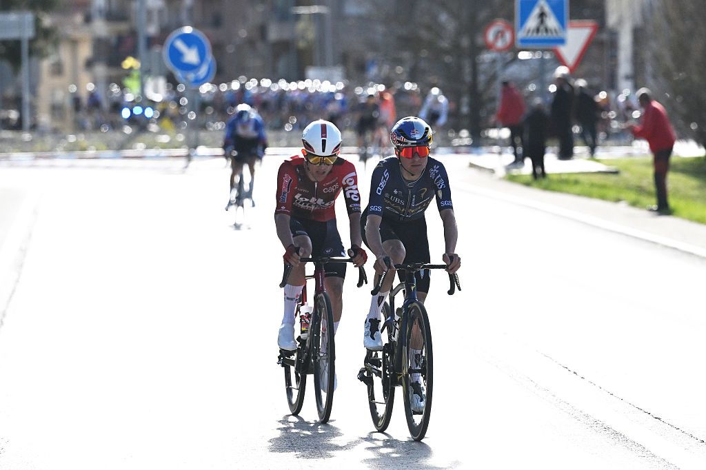 CAMPRODRON, SPAIN - MARCH 26: (L-R) Simone Gualdi of Italy and Team Lotto Intermarche and Thomas Pidcock of Great Britain and Team Pinarello Q36.5 Pro Cycling compete in the breakaway during the 105th Volta a Catalunya 2026, Stage 4 a 151km stage from Mataro to Camprodon 957m / #UCIWT / on March 26, 2026 in Camprodon, Spain. (Photo by Szymon Gruchalski/Getty Images)