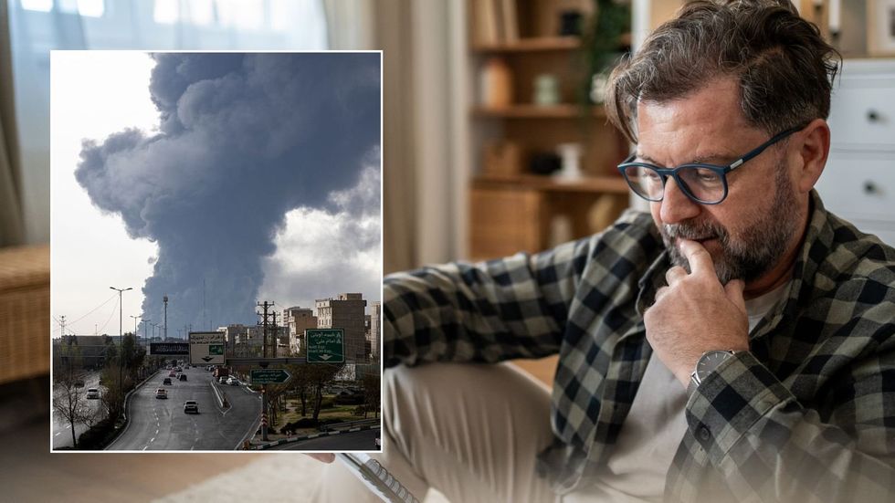 Man looking at bill and US strike on Tehran, Iran