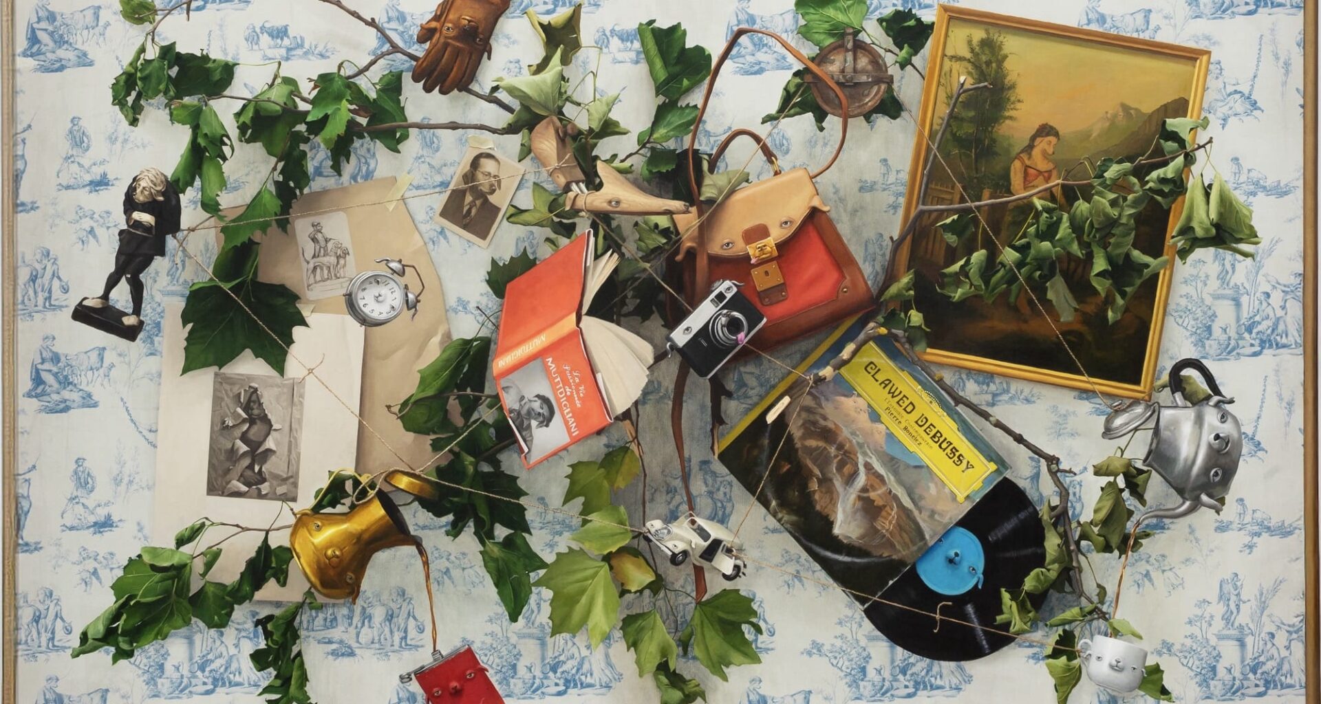 A horizontal painting of various objects jumbled together, many with cartoonish dog faces on them