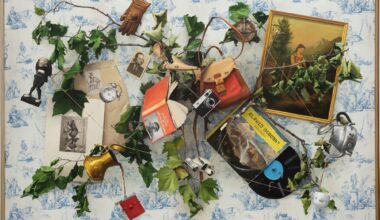 A horizontal painting of various objects jumbled together, many with cartoonish dog faces on them