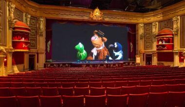 Kermit, Fozzie, and Gonzo onscreen in the Muppet Theater for Muppet* Vision 3D at Hollywood Studios