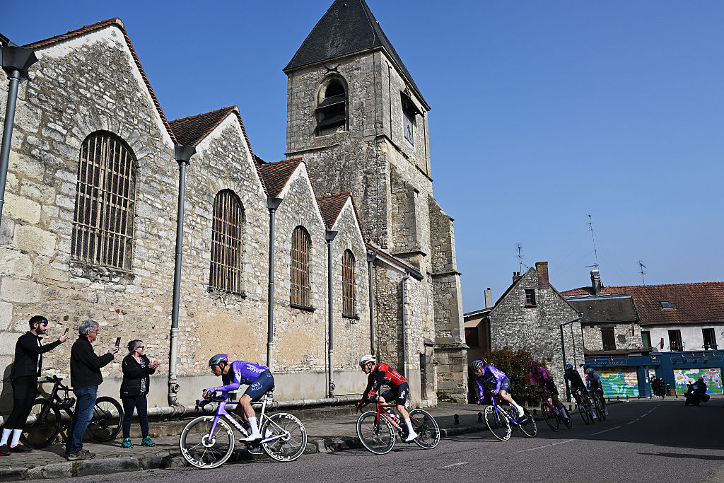 CARRIERES-SOUS-POISSY, FRANCE - MARCH 08: (L-R) Patrick Gamper of Austria and Team Jayco AlUla, Sebastien Grignard of Belgium and Team Lotto Intermarch&eacute; and a general view of the breakaway competing during the 84th Paris-Nice 2026, Stage 1 a 170.9km stage from Acheres to Carrieres-sous-Poissy / #UCIWT / on March 08, 2026 in Carrieres-sous-Poissy, France. (Photo by Szymon Gruchalski/Getty Images)