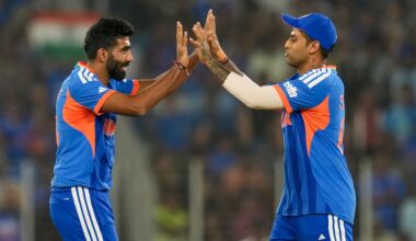 Bowler Jasprit Bumrah and captain Suryakumar Yadav of India celebrate a wicket during an ICC Men's T20 World Cup match.