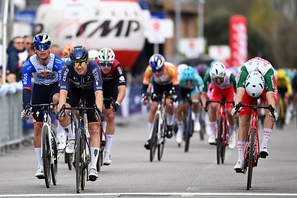 MASSALENGO, ITALY - MARCH 26: (L-R) Alessio Magagnotti of Italy and Team Red Bull - BORA - hansgrohe, Matteo Moschetti of Italy and Team Pinarello Q36.5 Pro Cycling and Tommaso Bessega of Italy and Team Polti VisitMalta sprint at finish line during the 41st Settimana Internazionale Coppi e Bartali 2026, Stage 2 a 158km stage from Lodi to Massalengo on March 26, 2026 in Massalengo, Italy. (Photo by Dario Belingheri/Getty Images)