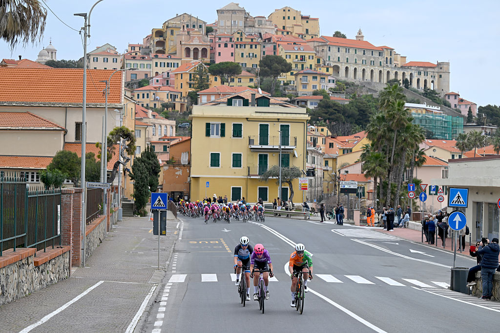 SANREMO, ITALY - MARCH 21: Bodine Vollering of Netherlands and Team VolkerWessels, Sofia Arici of Italy and Team Vini Fantini - BePink and Heidi Franz of United States and Team St Michel - Preference Home - Auber93 compete in the breakaway during the 8th Milano-Sanremo Donne 2026, Women&amp;apos;s Elite a 156km one day race from Genova to Sanremo / #UCIWWT / on March 21, 2026 in Sanremo, Italy. (Photo by Tim de Waele/Getty Images)