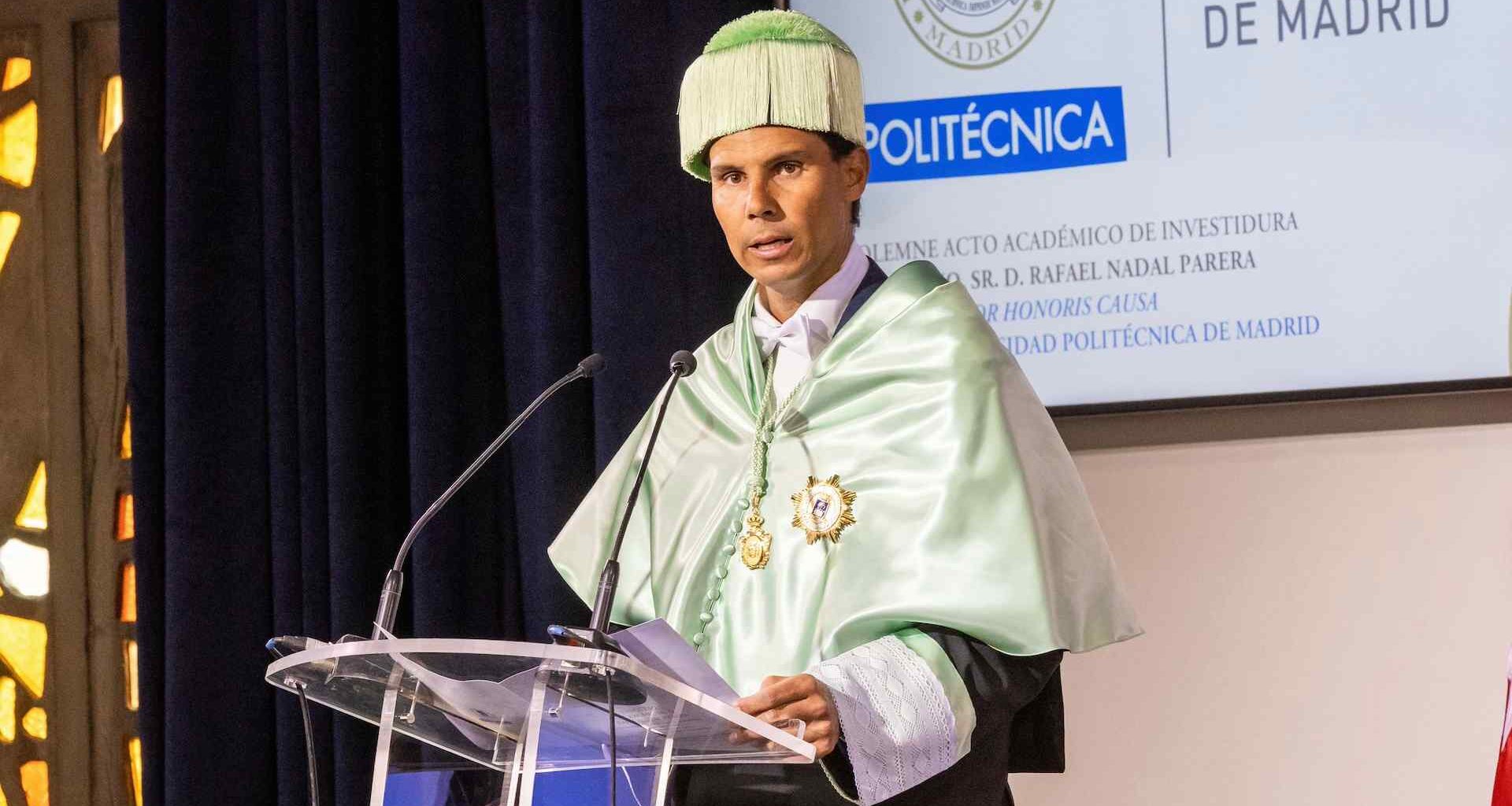 Rafael Nadal speaks at the Polytechnic University of Madrid on Tuesday.